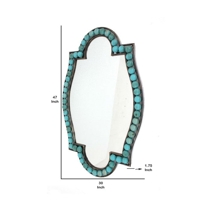 Quatrefoil Shape Metal Wall Mirror with Pearl Accents, Blue and Brown