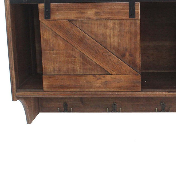 Wooden Wall Storage with 2 Sliding Doors and 5 Metal Hooks, Brown