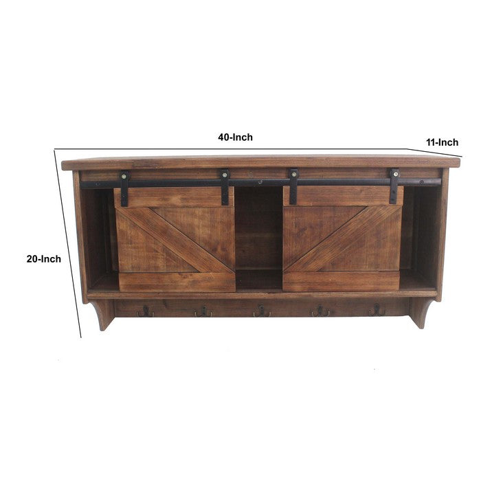 Wooden Wall Storage with 2 Sliding Doors and 5 Metal Hooks, Brown
