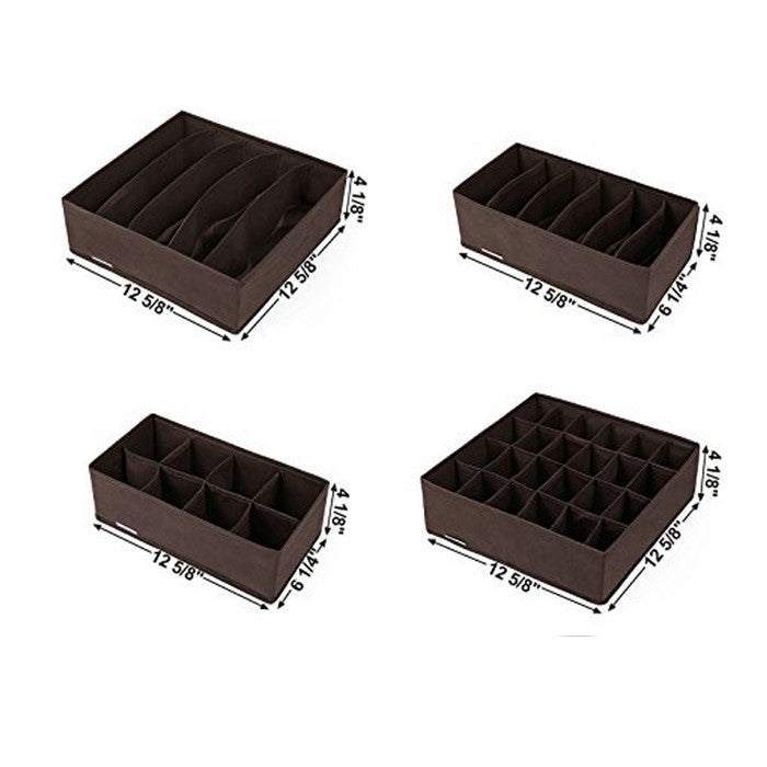 Wooden Undergarments Organizer and Drawer Divider with Cubbies, Set of 4, Brown