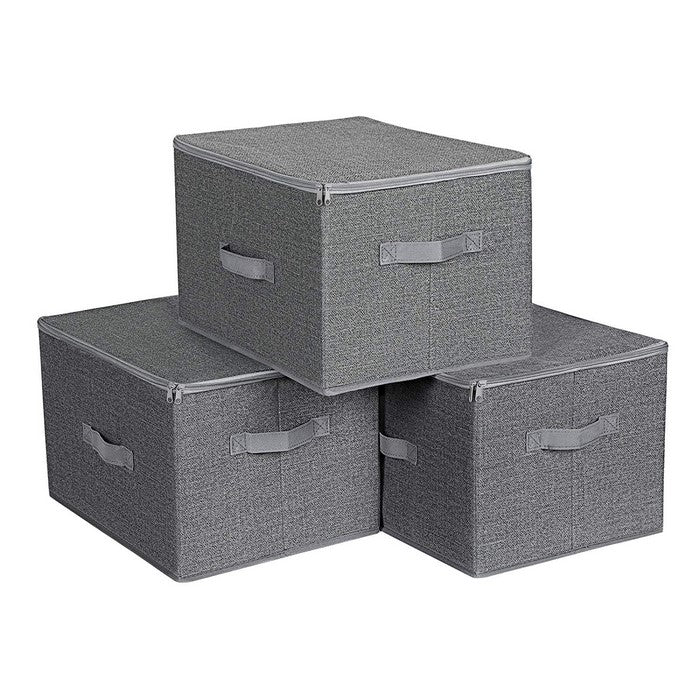 Wooden Frame Zippered Storage Boxes with Fabric Wrapping, Set of 3, Gray