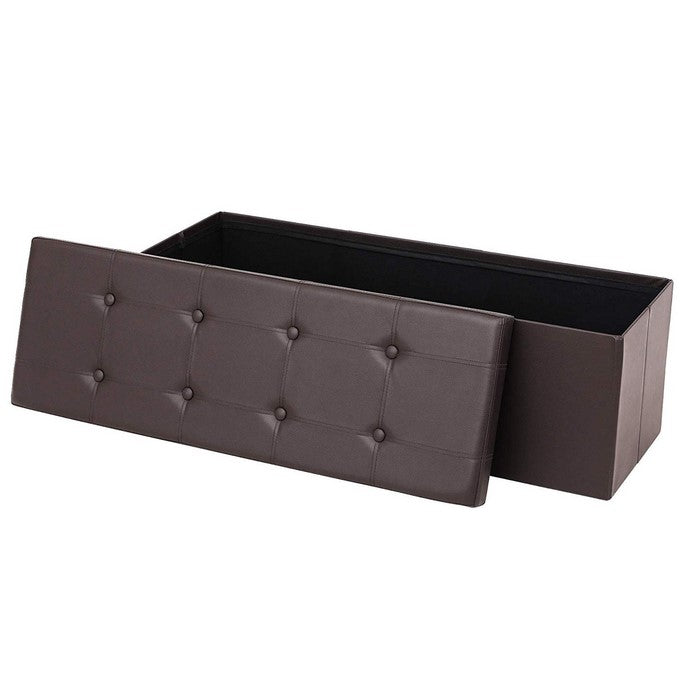 Button Tufted Leatherette Foldable Storage Ottoman Bench, Brown