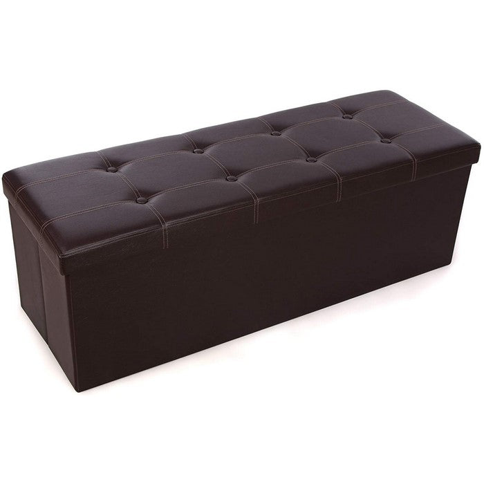 Button Tufted Leatherette Foldable Storage Ottoman Bench, Brown