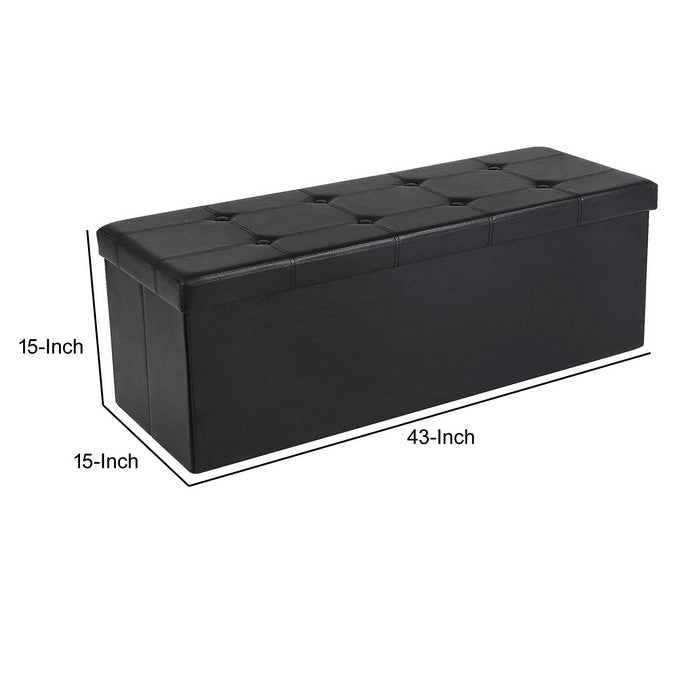 Button Tufted Rectangular Foldable Storage Ottoman Bench, Black