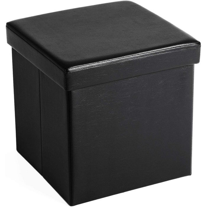 Square Leatherette Foldable Storage Ottoman with Padded Seat, Black