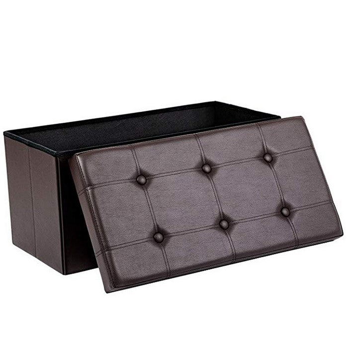 Button Tufted and Stitched Leatherette Storage Ottoman Bench, Brown