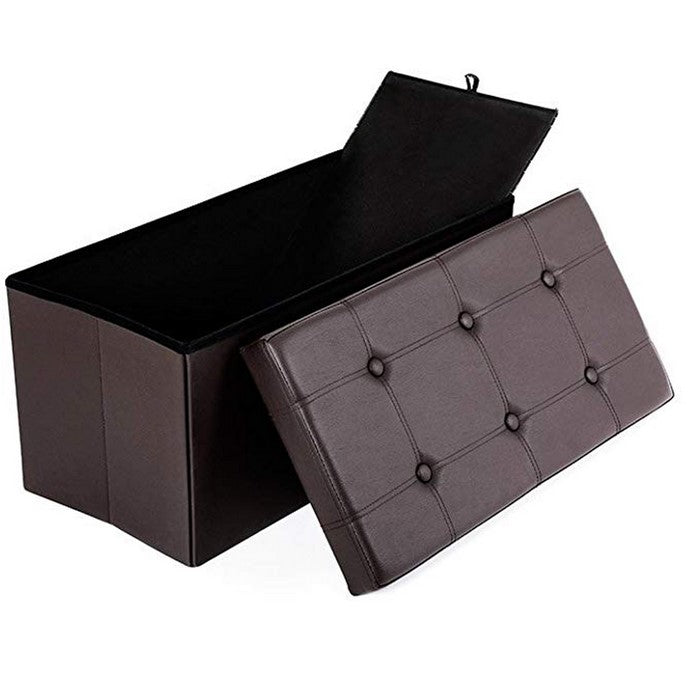 Button Tufted and Stitched Leatherette Storage Ottoman Bench, Brown