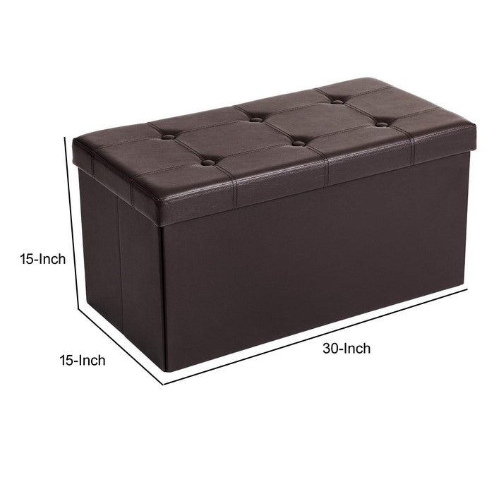 Button Tufted and Stitched Leatherette Storage Ottoman Bench, Brown
