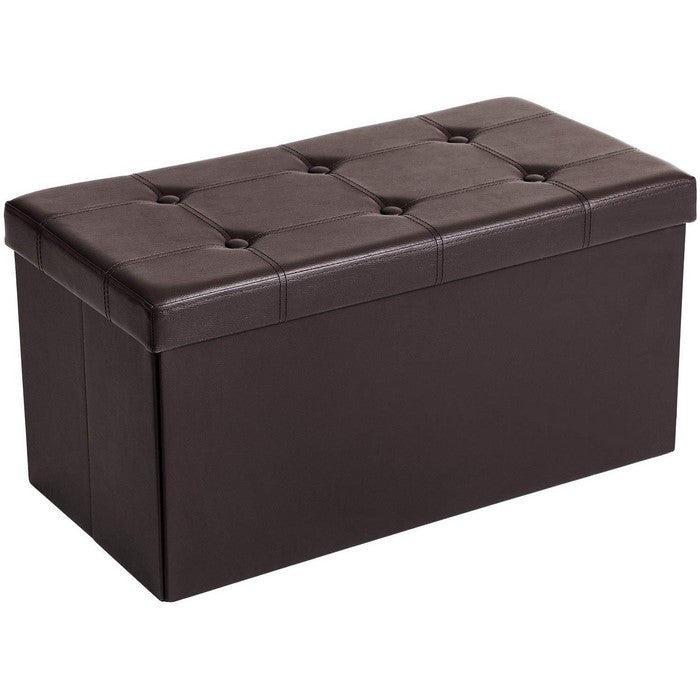 Button Tufted and Stitched Leatherette Storage Ottoman Bench, Brown
