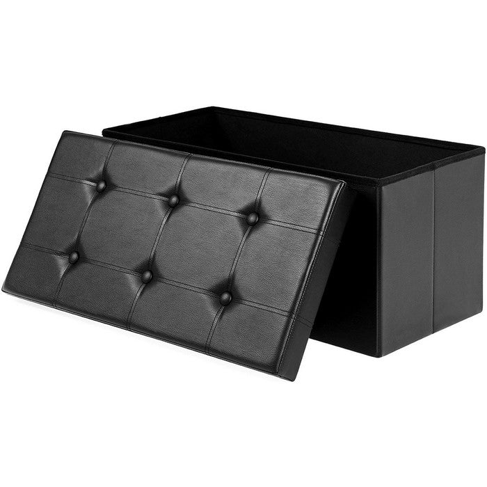 Button Tufted and Stitched Leatherette Storage Ottoman Bench, Black