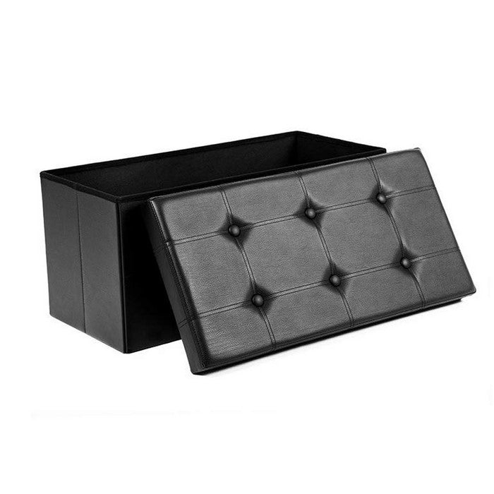 Button Tufted and Stitched Leatherette Storage Ottoman Bench, Black