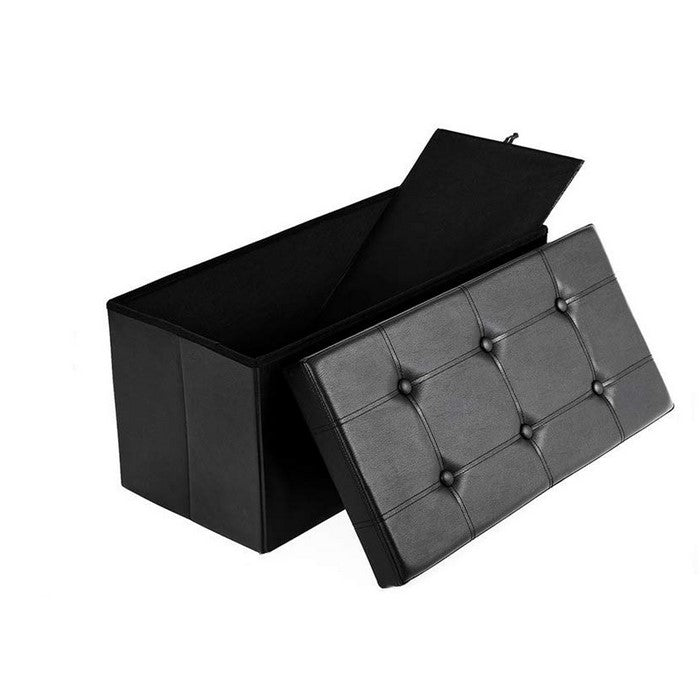 Button Tufted and Stitched Leatherette Storage Ottoman Bench, Black