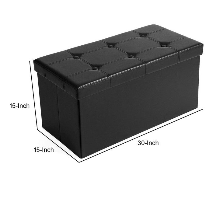 Button Tufted and Stitched Leatherette Storage Ottoman Bench, Black