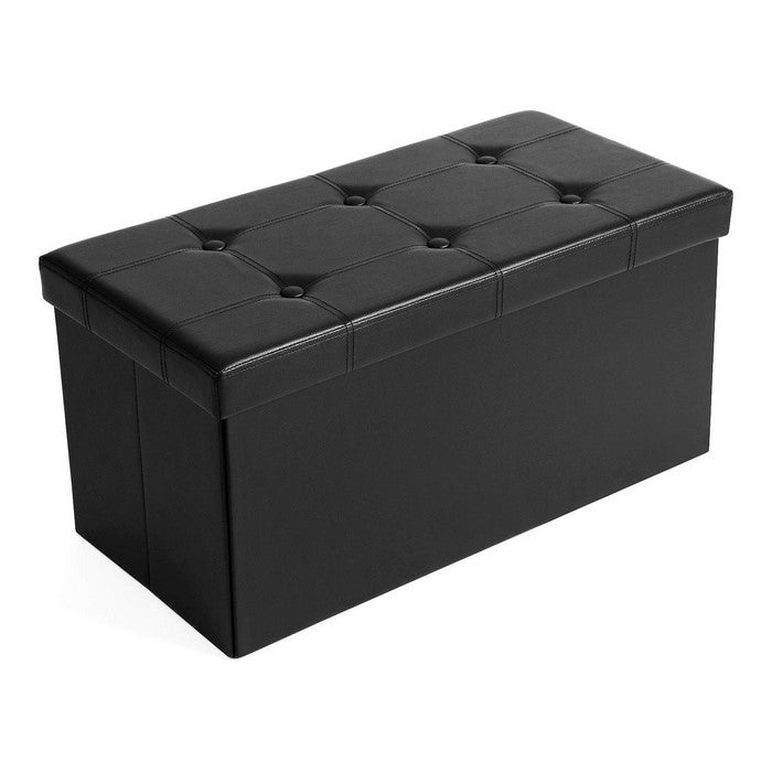 Button Tufted and Stitched Leatherette Storage Ottoman Bench, Black