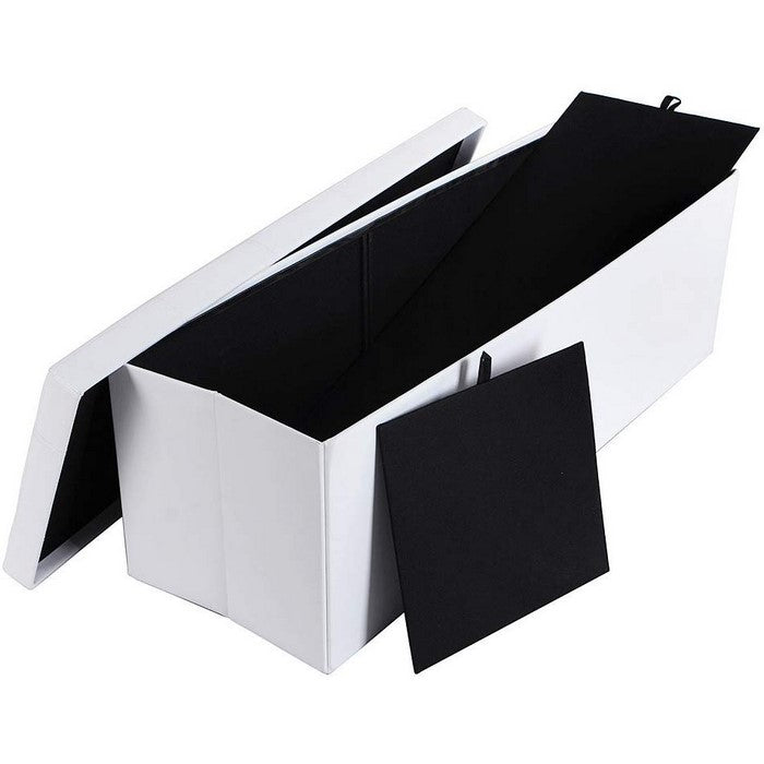 Rectangular Button Tufted Leatherette Storage Ottoman Bench, White