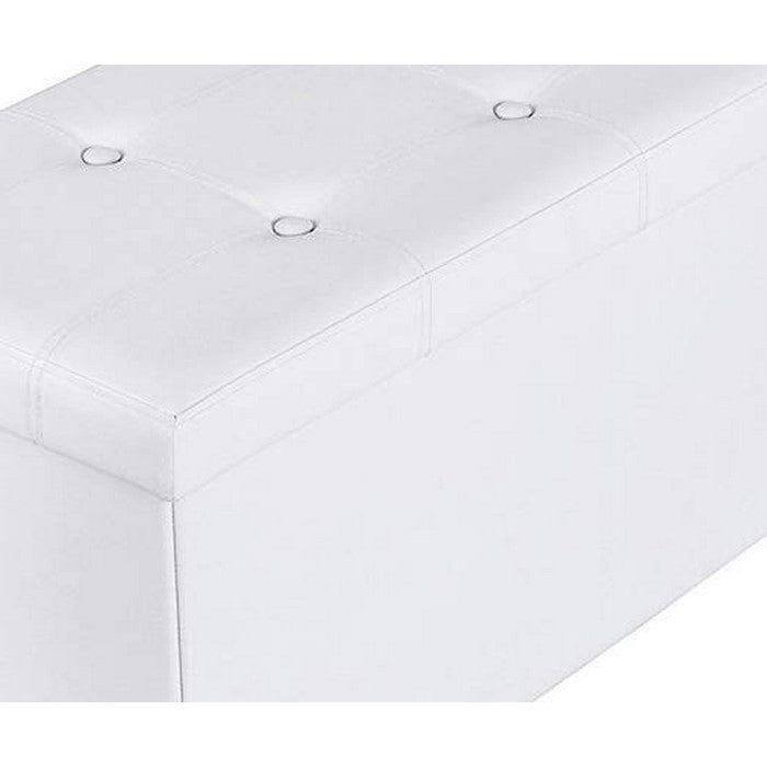 Rectangular Button Tufted Leatherette Storage Ottoman Bench, White