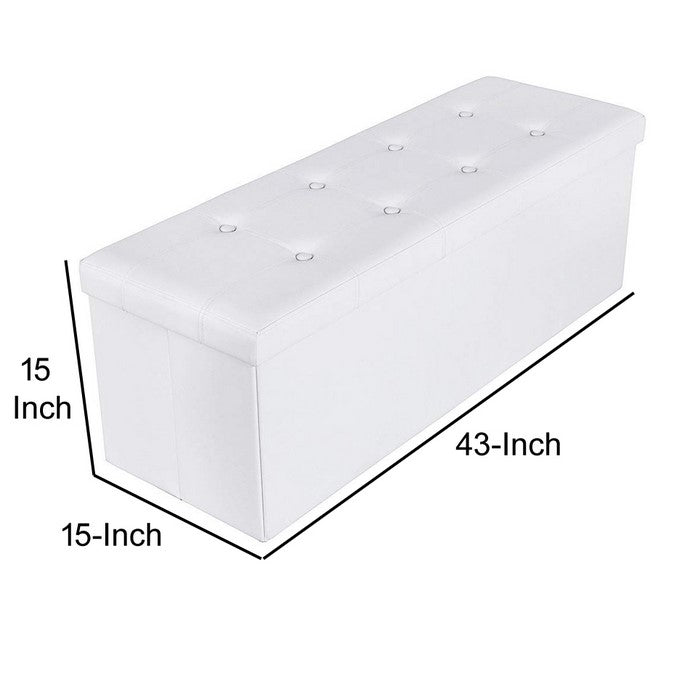Rectangular Button Tufted Leatherette Storage Ottoman Bench, White