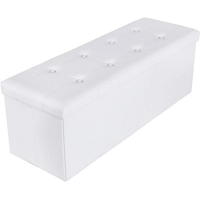 Rectangular Button Tufted Leatherette Storage Ottoman Bench, White