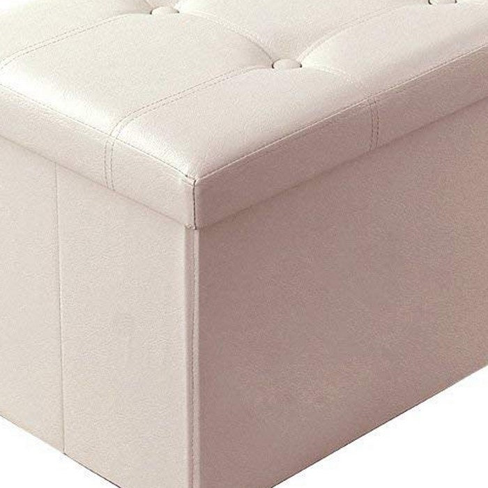 Rectangular Button Tufted Leatherette Storage Ottoman Bench, Beige
