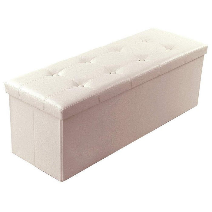 Rectangular Button Tufted Leatherette Storage Ottoman Bench, Beige