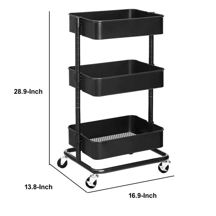 3 Tier Metal Frame kitchen Cart with Casters and Adjustable Shelf, Black