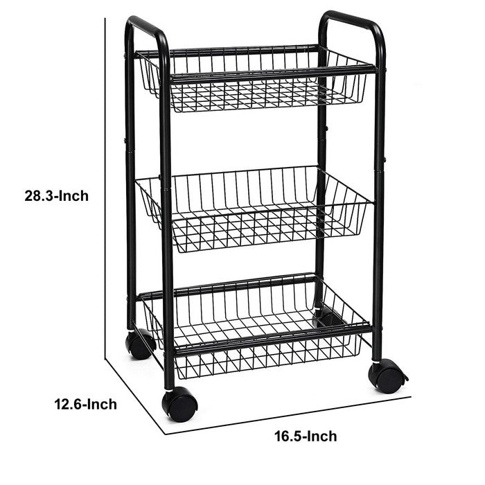 3 Tier Metal Frame Kitchen Cart with Casters and Grid Details, Black