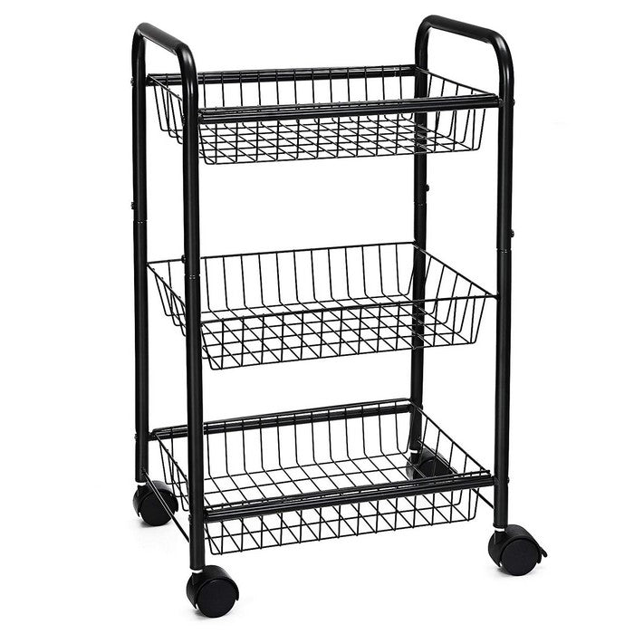 3 Tier Metal Frame Kitchen Cart with Casters and Grid Details, Black