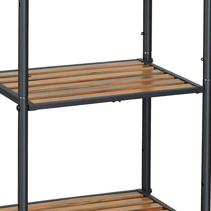 3 Tier Storage Rack with Metal Frame and Slatted Shelves, Brown and Black