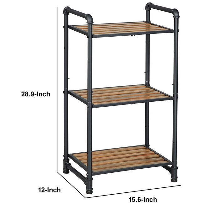3 Tier Storage Rack with Metal Frame and Slatted Shelves, Brown and Black