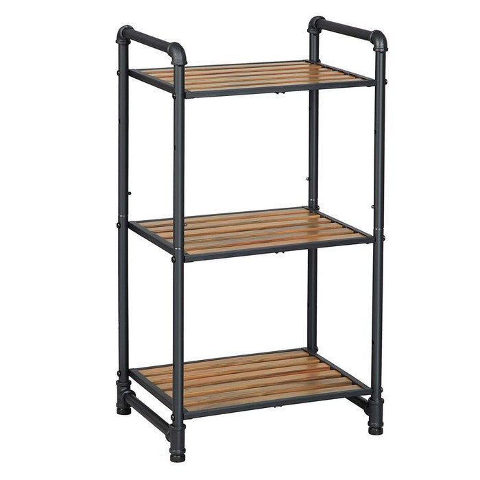 3 Tier Storage Rack with Metal Frame and Slatted Shelves, Brown and Black