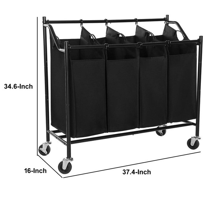 4 Bag Metal Frame Laundry Storage Cart with Casters, Black