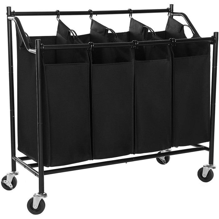 4 Bag Metal Frame Laundry Storage Cart with Casters, Black