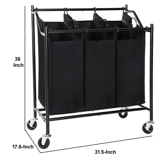 3 Bag Metal Frame Laundry Storage Cart with Casters, Black