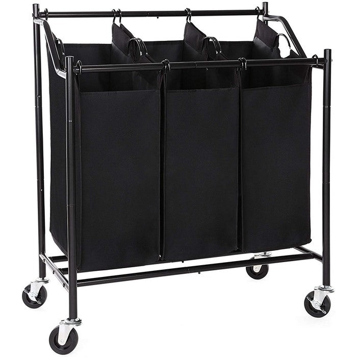 3 Bag Metal Frame Laundry Storage Cart with Casters, Black