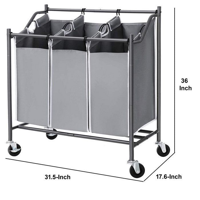 3 Bag Metal Frame Laundry Hamper with Casters, Gray