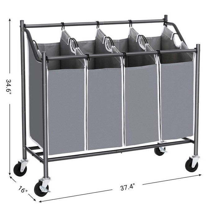 4 Bag Metal Frame Laundry Hamper with Casters, Gray