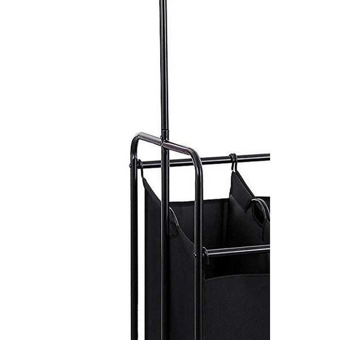 4 Bag Metal Frame Laundry Storage Cart with Casters and Hanging Bar, Black