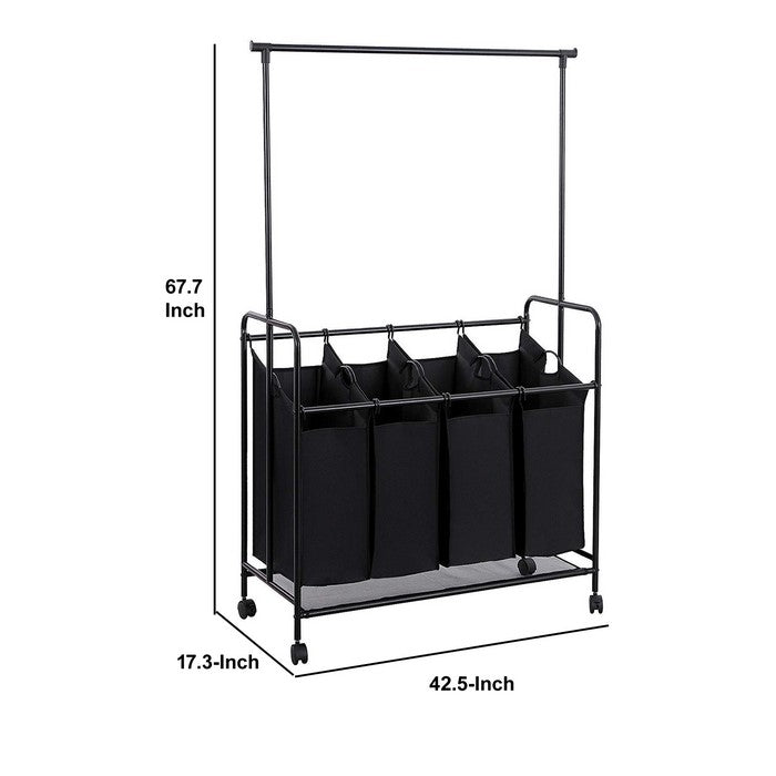 4 Bag Metal Frame Laundry Storage Cart with Casters and Hanging Bar, Black