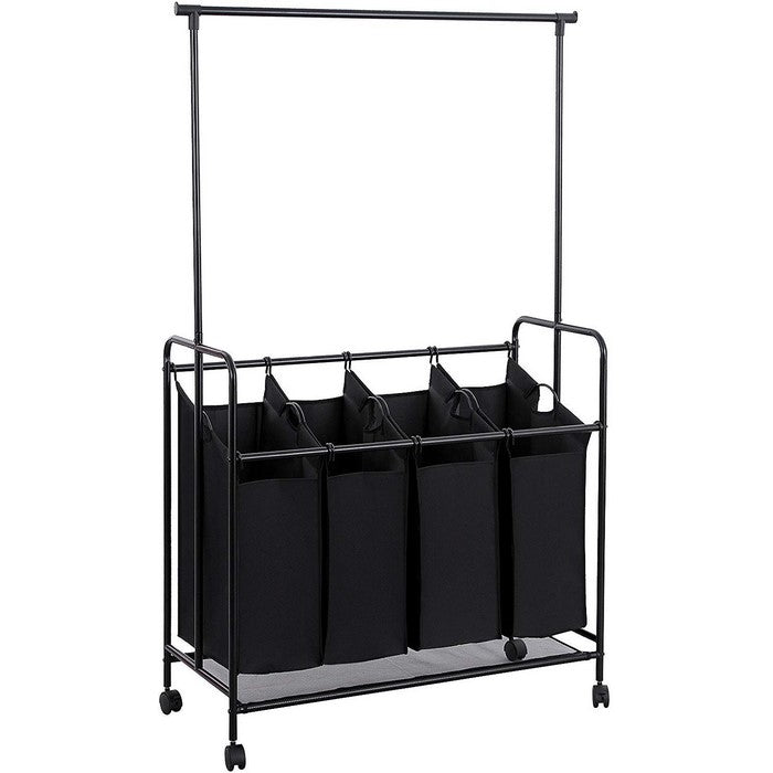 4 Bag Metal Frame Laundry Storage Cart with Casters and Hanging Bar, Black