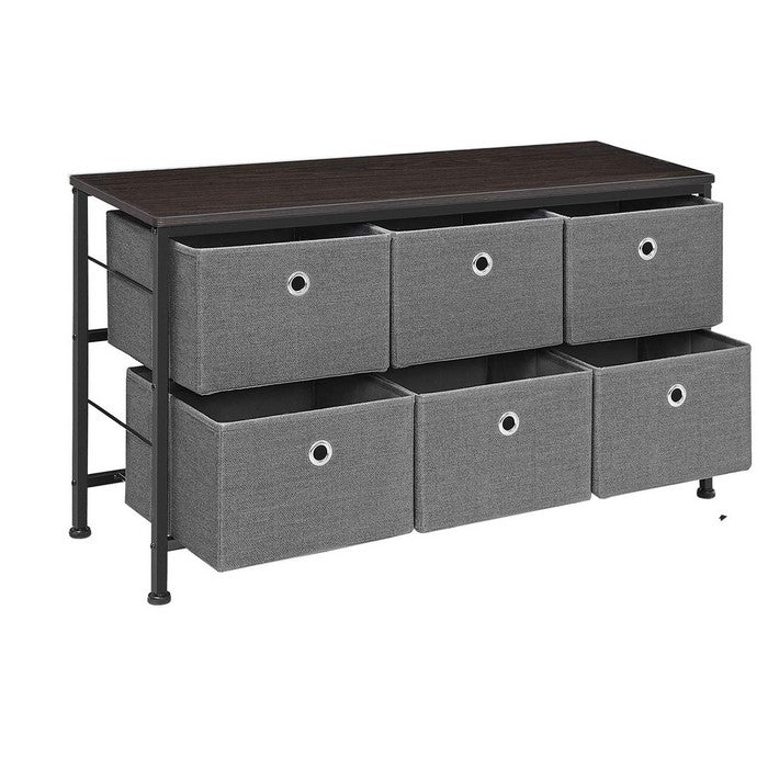 6 Drawers Wooden Dresser with Textured Fabric Wrapping, Gray and Black