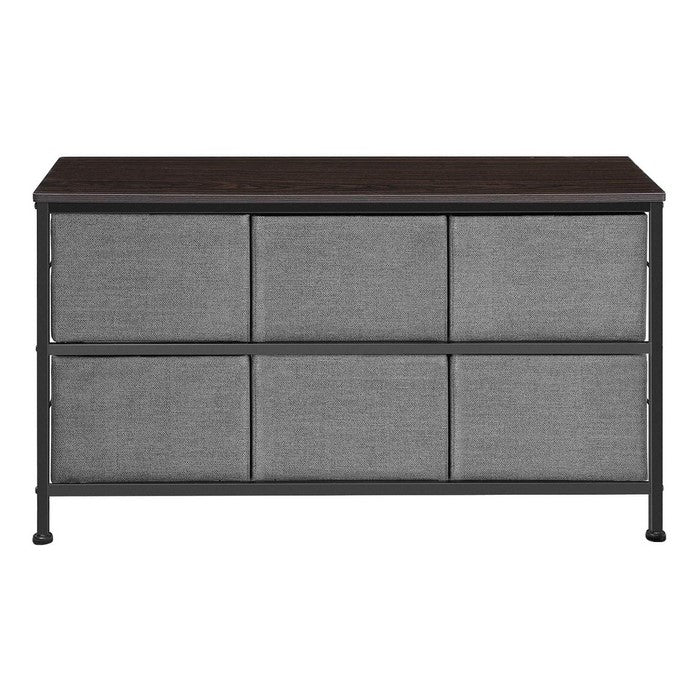 6 Drawers Wooden Dresser with Textured Fabric Wrapping, Gray and Black