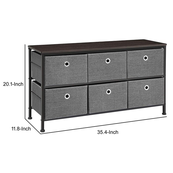 6 Drawers Wooden Dresser with Textured Fabric Wrapping, Gray and Black