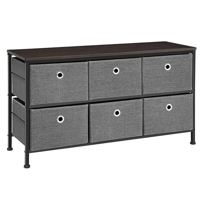 6 Drawers Wooden Dresser with Textured Fabric Wrapping, Gray and Black