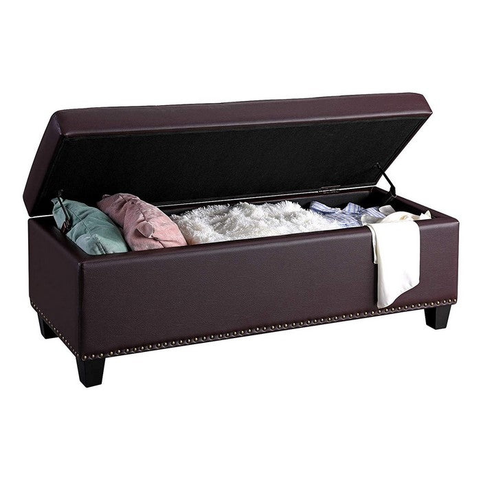 Nailhead Trim Tufted Leatherette Wooden Frame Storage Ottoman, Brown
