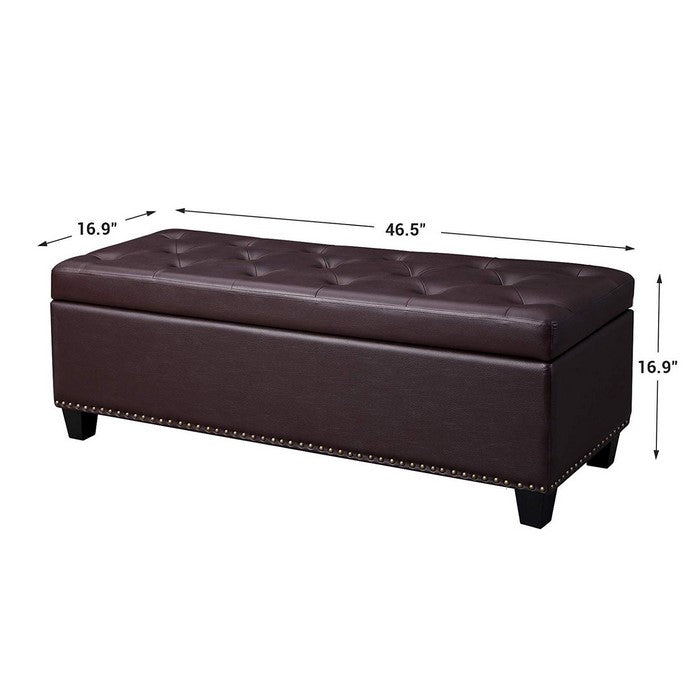 Nailhead Trim Tufted Leatherette Wooden Frame Storage Ottoman, Brown