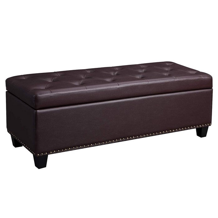 Nailhead Trim Tufted Leatherette Wooden Frame Storage Ottoman, Brown
