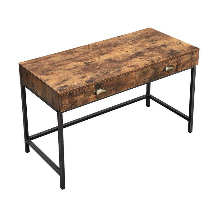 Industrial Grained Wooden Computer Desk with 2 Drawers, Brown and Black