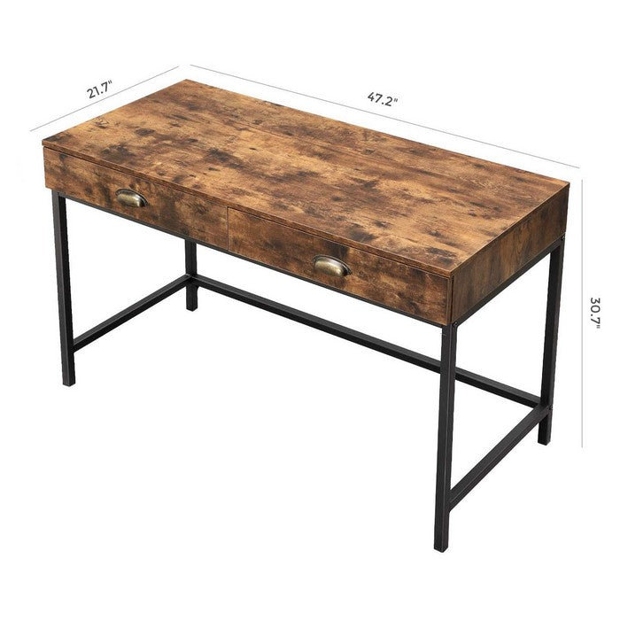 Industrial Grained Wooden Computer Desk with 2 Drawers, Brown and Black