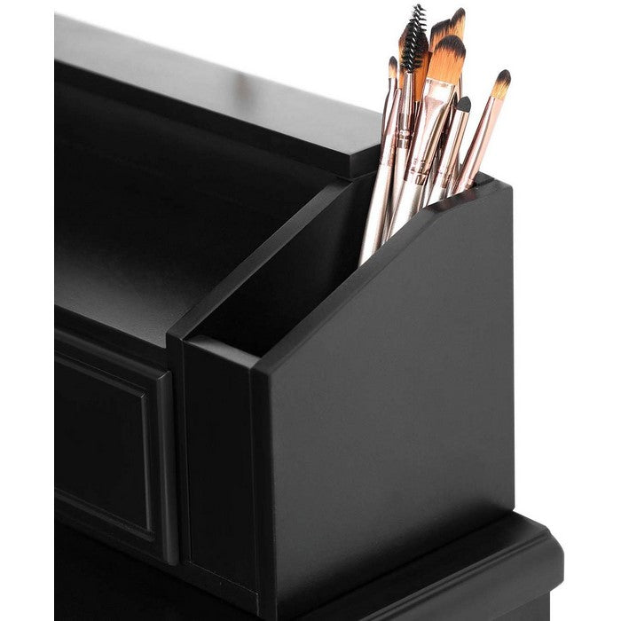 3 Piece Wooden Vanity Set with Trifold Mirror and Padded Stool, Black
