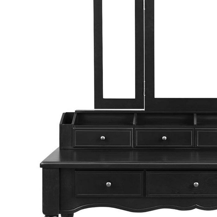 3 Piece Wooden Vanity Set with Trifold Mirror and Padded Stool, Black